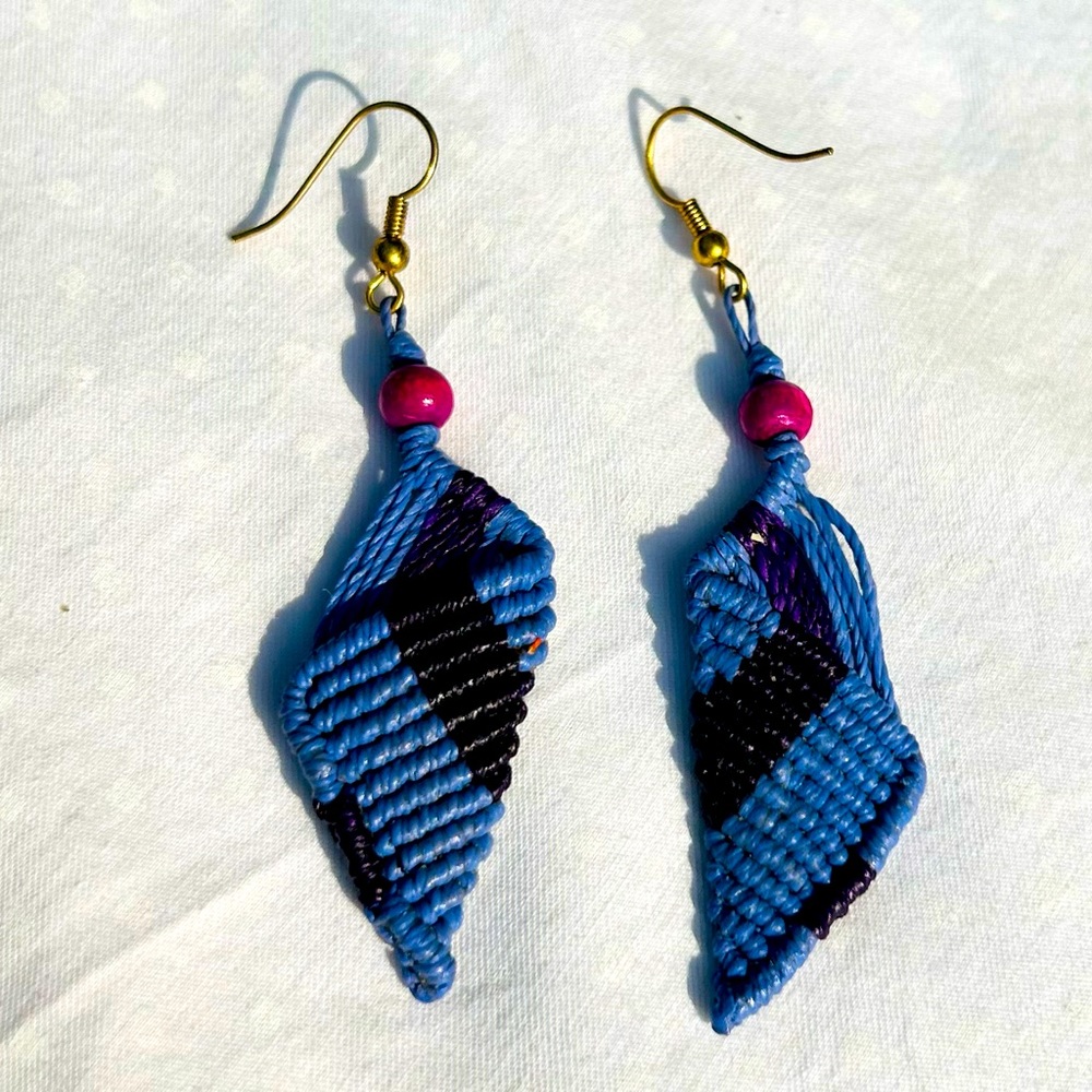 Macrame Wood Bead Earrings Purple Hand Made